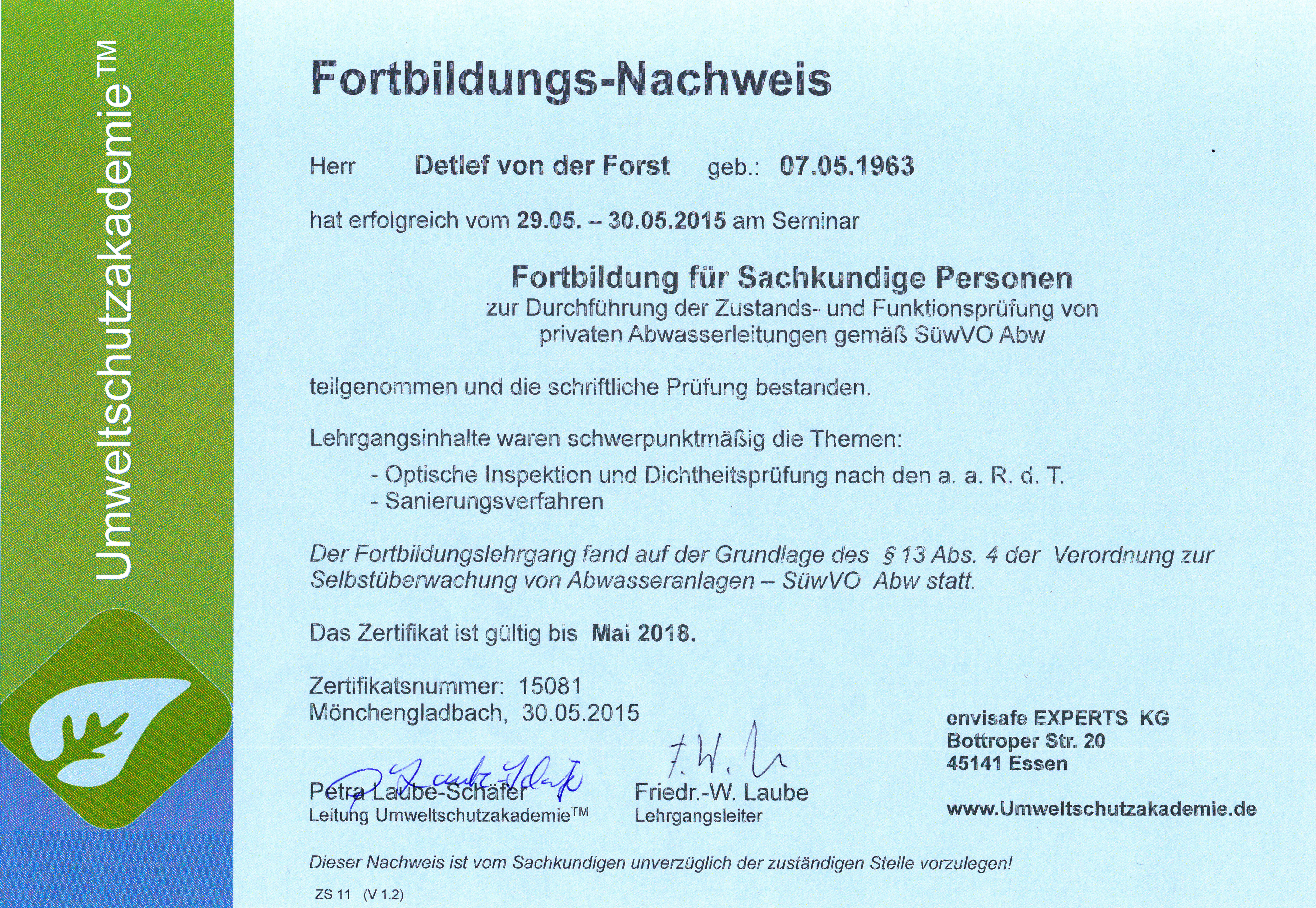 Sachkundenachweis Person Detlef von der Forst